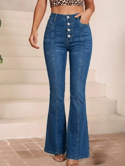 Women Casual High Waist Button Fly Flare Jeans Vertical Panel Stitching Stretch Slimming Retro Bell Bottom Denim