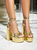 Women's High Heel Sandals Metallic Color Chunky Heel & High Waterproof Platform Sexy Shoes