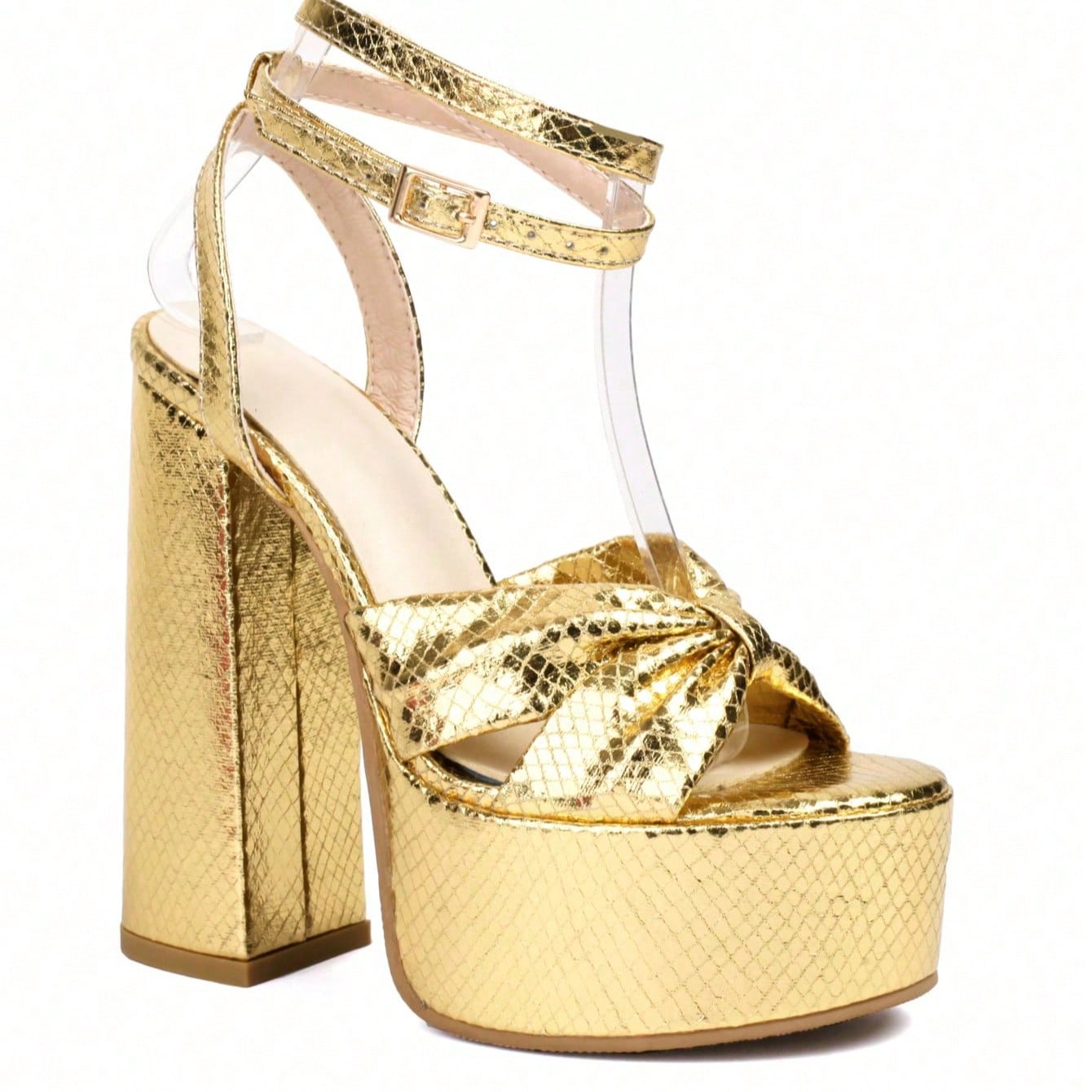 Women's High Heel Sandals Metallic Color Chunky Heel & High Waterproof Platform Sexy Shoes