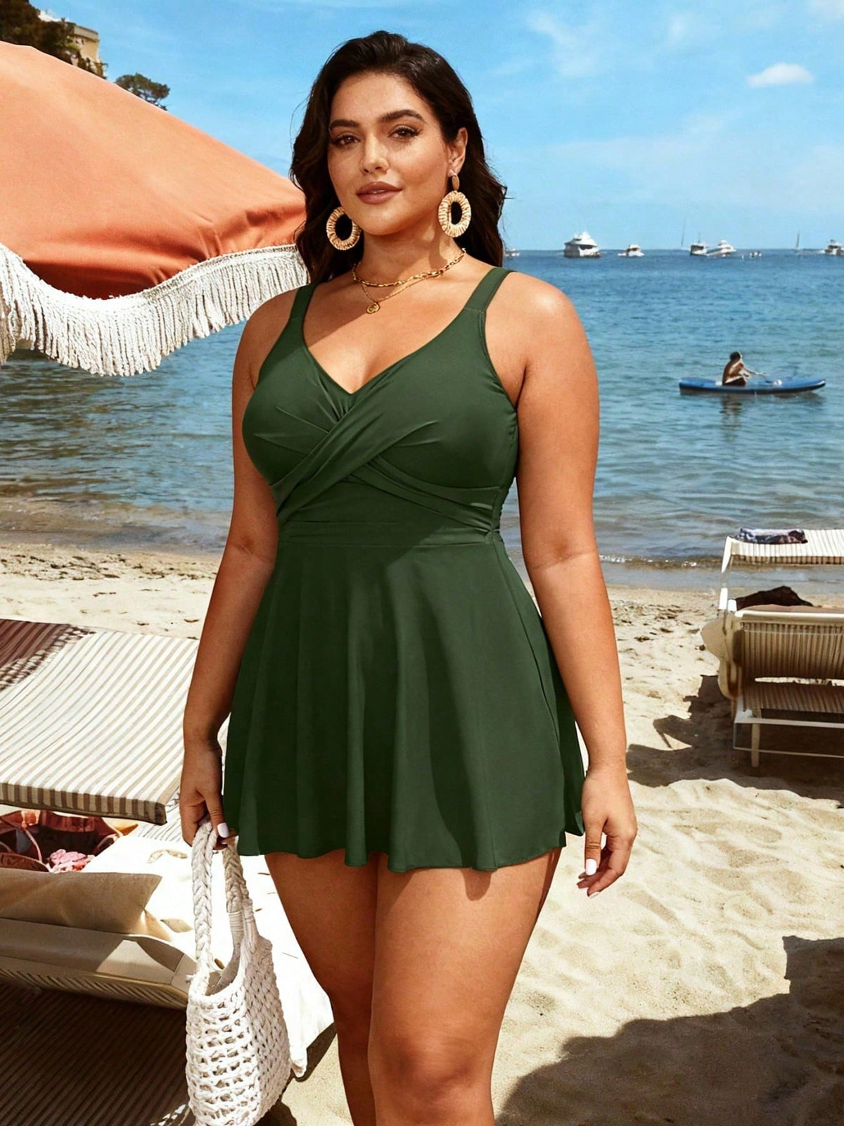 Plus Size Olive Green V-Neck Swim Dress