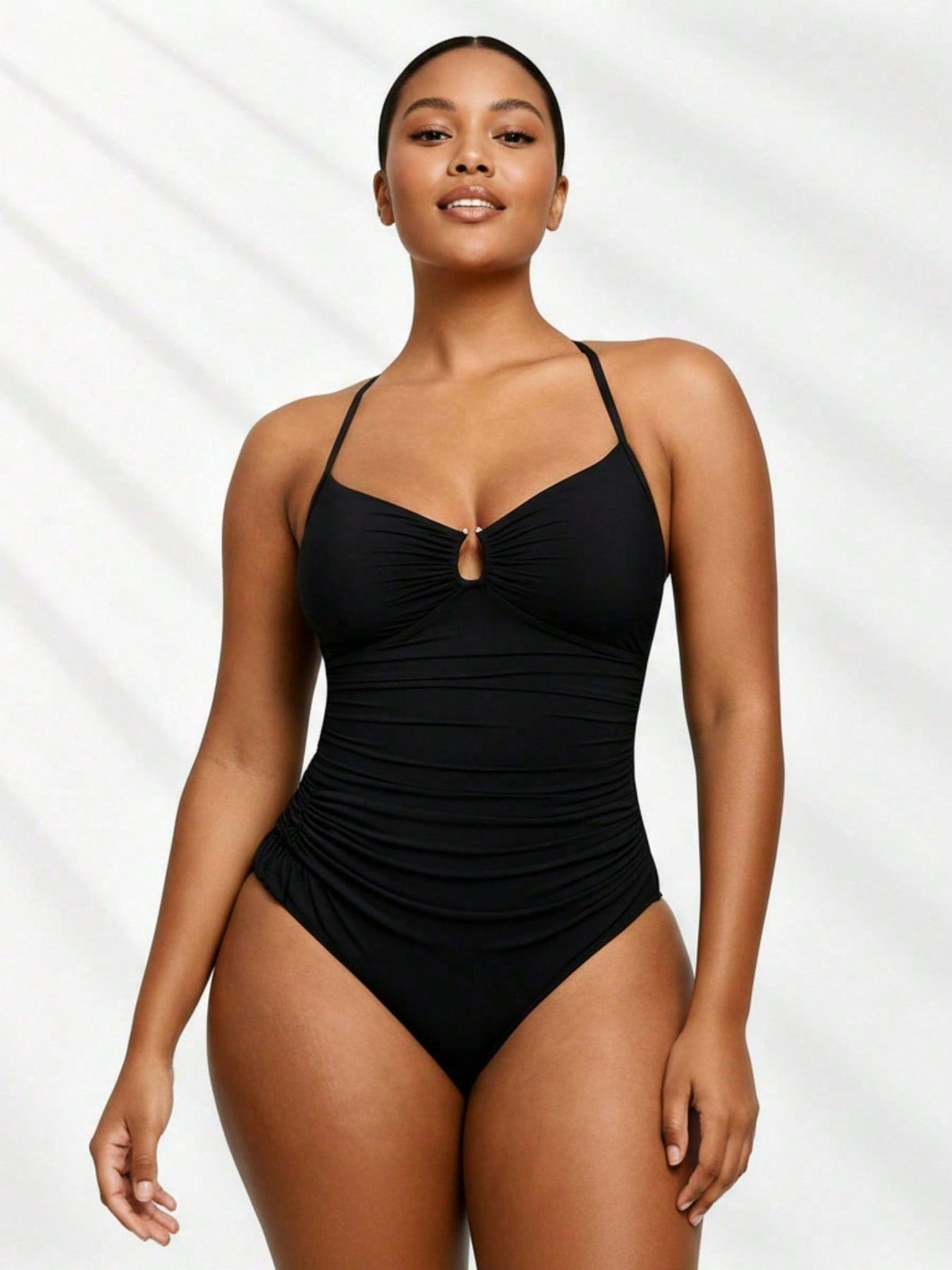 Multi-Occasion Plus Size One-Piece - Ruched Black Design, Keyhole Bust, Perfect For Luxury Resorts & Casual Beach Trips
