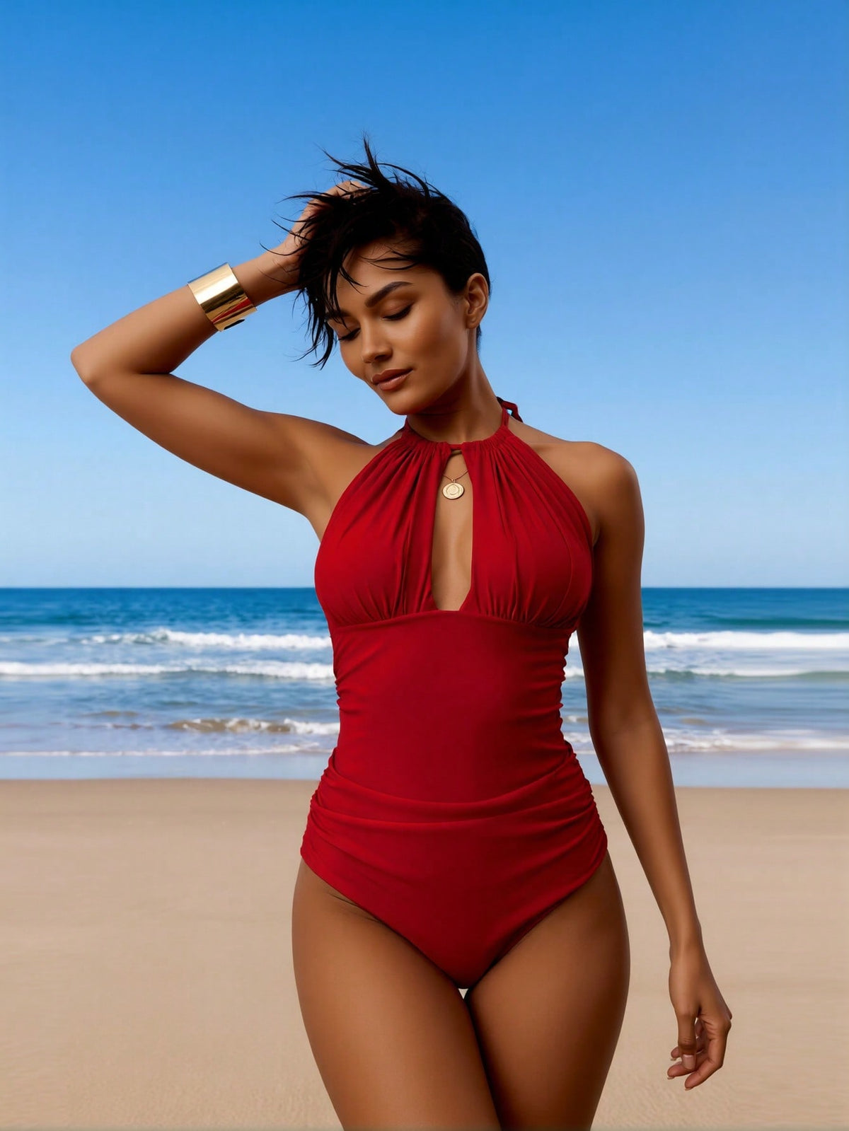 New Women's Sexy Fashion Red Halter Ruched Cutout One-Piece Swimsuit For Vacation & Leisure Swimwear