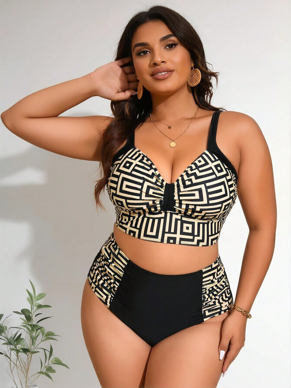 New Women's Plus Size Bikini Set: Black & Gold Geometric Print Crop Top + High-Waisted Bottom With Side Panels