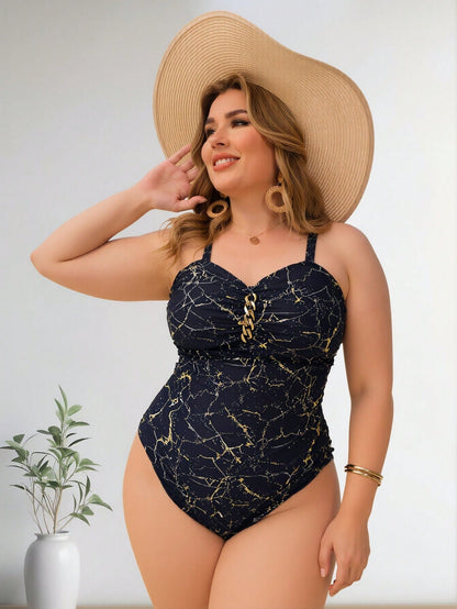 Plus Size Navy Marble Print One-Piece Swimsuit with Chain Detail