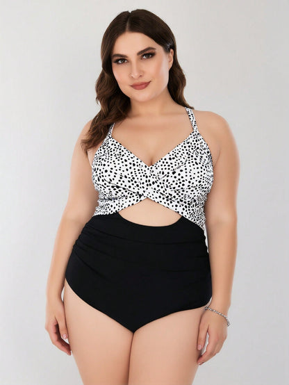 Plus Size Dalmatian Print Twist-Front Cutout One-Piece Swimsuit