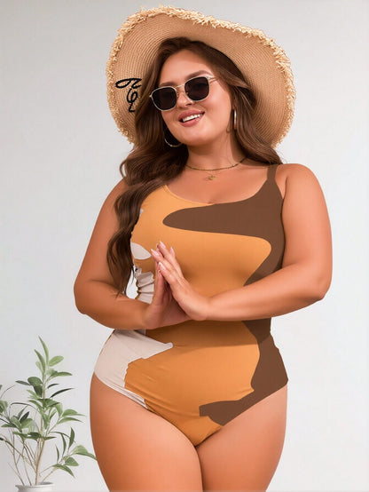 New Women's Plus Size One-Piece Swimsuit: Earth Tone Abstract Color Block with Side Ruched