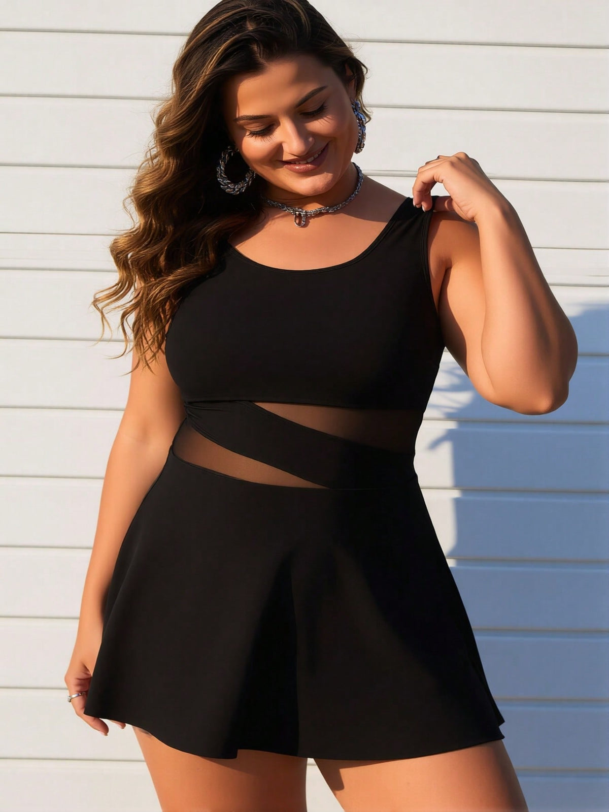New Women's Plus Size Swimdress: Black with Sheer Mesh Cutout Waist and Flared Skirt