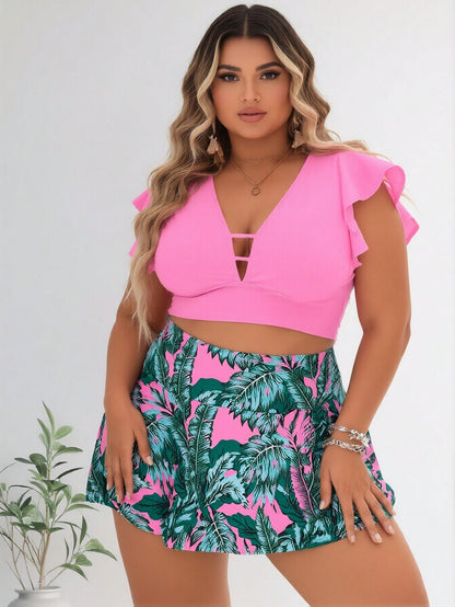 New Women's Plus Size Two-Piece Swimsuit: Hot Pink Ruffled Crop Top with Cutout + Tropical Palm Print Skirted Bottom