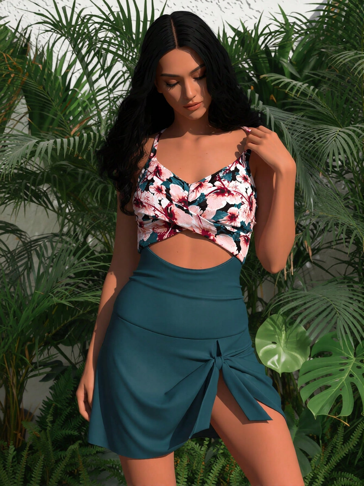 New Women's Swimsuit Set: Contrast Floral Print Twist Halter Cutout One-Piece With Tie-Front Skirted Bottoms