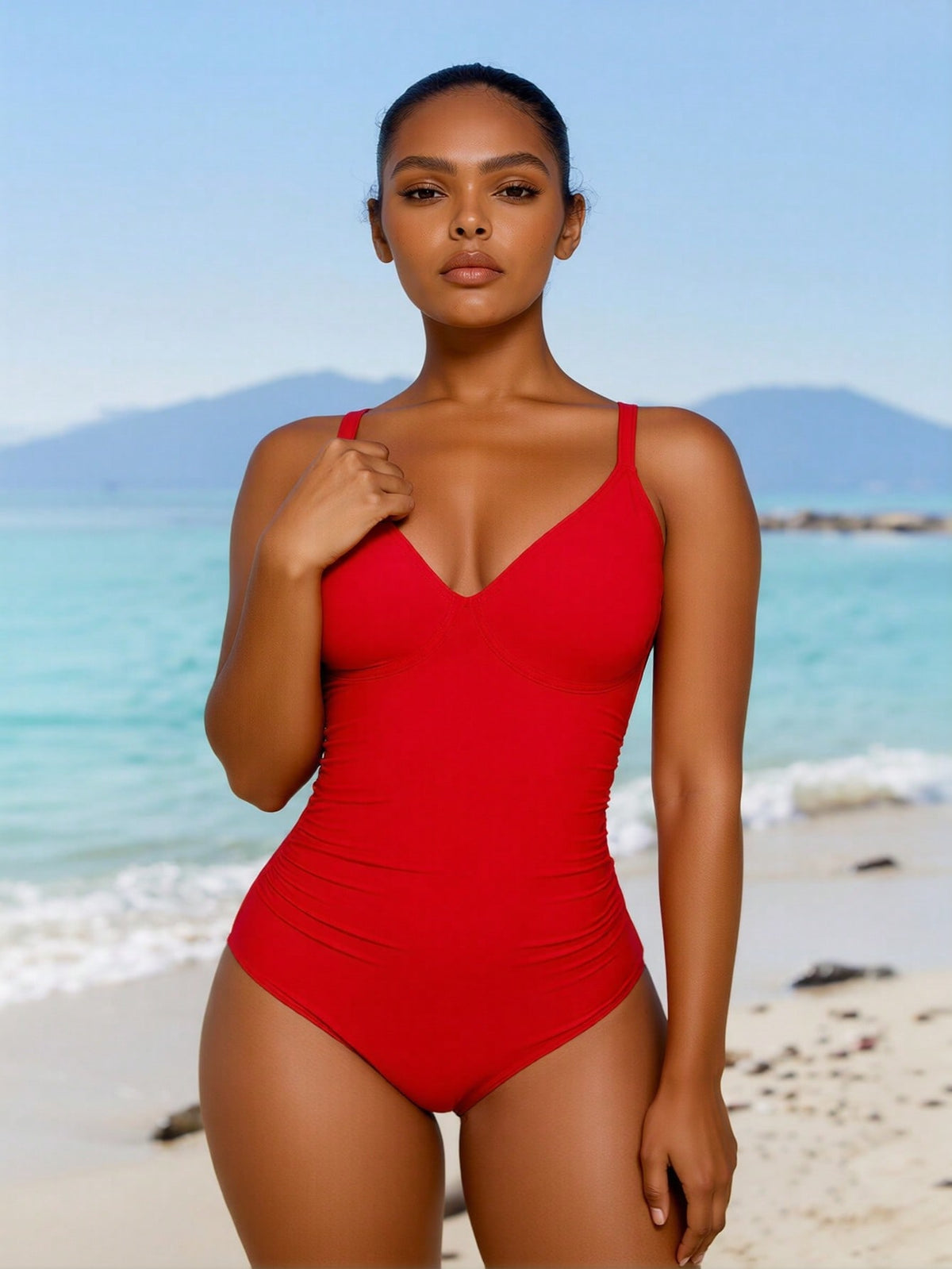 New Women's One-Piece Swimsuit: Vibrant Red With Deep V-Neck, Ruched Tummy Control And Thin Shoulder Straps
