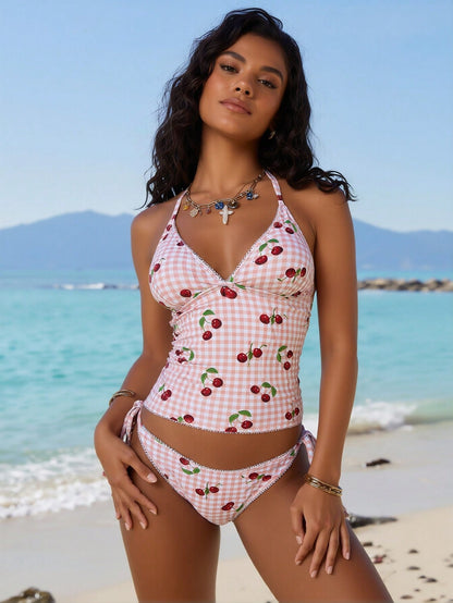Pink Gingham and Cherry Print Halter Bikini Set
