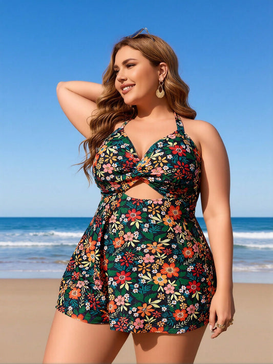 New Plus Size Women's Sexy Fashion Vintage Floral Halter Twist One-Piece Swimdress For Vacation & Leisure