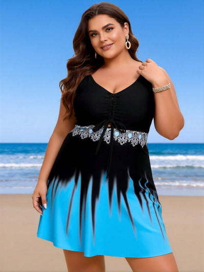 Plus Size Black and Blue Gradient Ruched Lace Swimdress