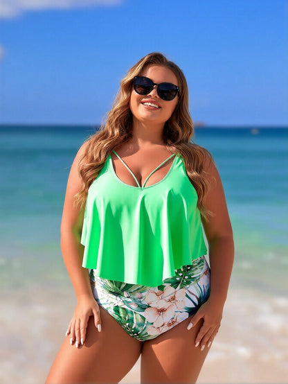 Plus Size Neon Green Ruffle High-Waisted Bikini Set