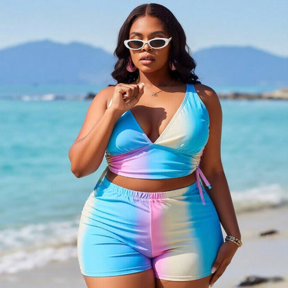 Women's Playful Two-Piece: Pastel Ombre Print Plunge V-Neck Top and Matching High-Waisted Boyleg Shorts