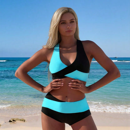 Women's Active Two-Piece: Turquoise & Black Color-Block Wrap Crop Top and Matching High-Waisted Boyleg Shorts
