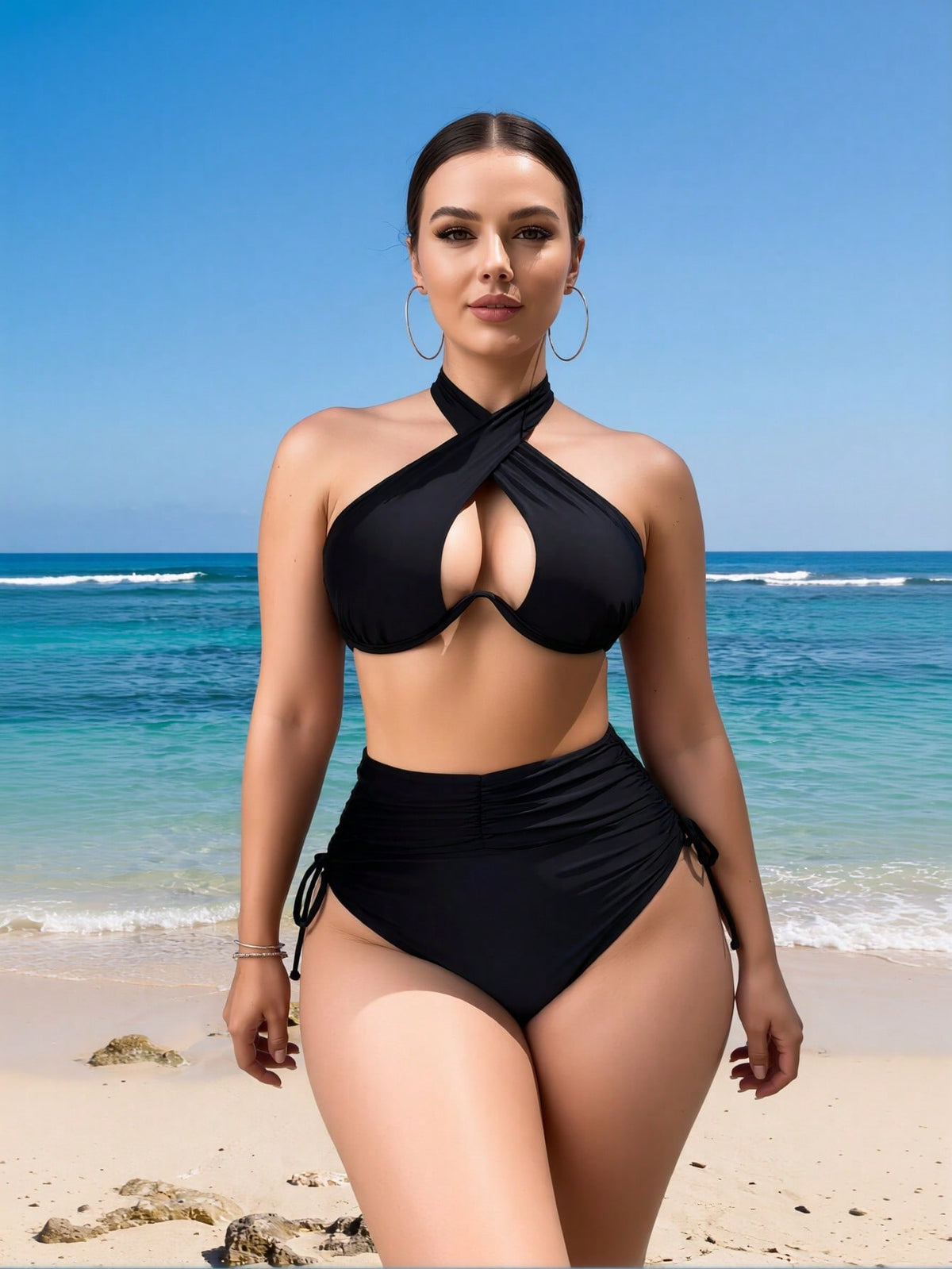 New Women's Sexy Cross Halter Cutout High Waist Ruched Two-Piece Swimsuit Tummy Control for Vacation
