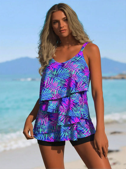 Women's Tropical Tankini: Purple & Pink Palm Print Tiered Ruffle Top and Matching Black Boyleg Shorts