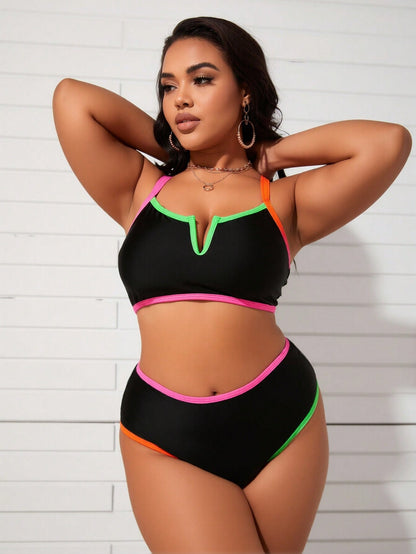 New Women's Plus Size Two-Piece Swimsuit: Black Bikini Top with Neon Color Block Trim, High-Waist Bottoms, V-Notch Neckline, Adjustable Straps