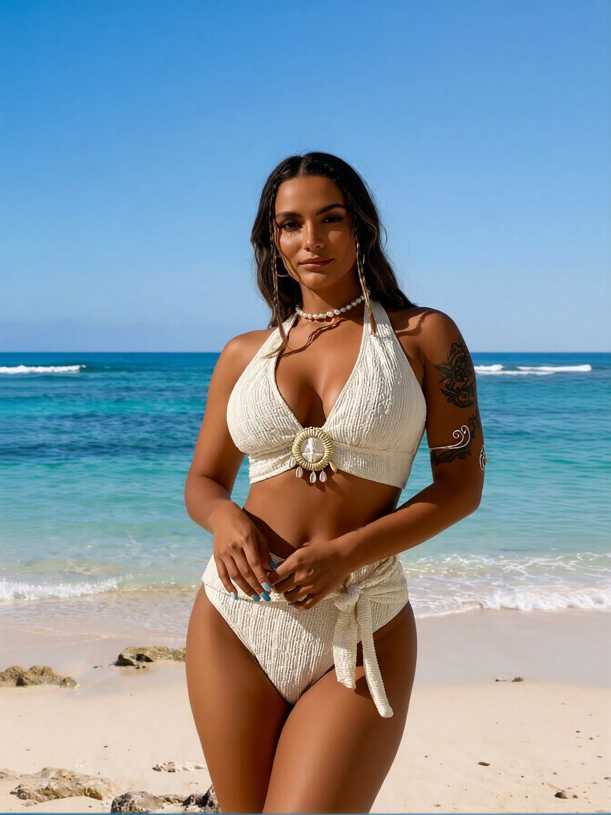 New Women's Off-White Textured Shell Pendant Halter Tie High Waist Two-Piece Swimsuit Tummy Control for Vacation