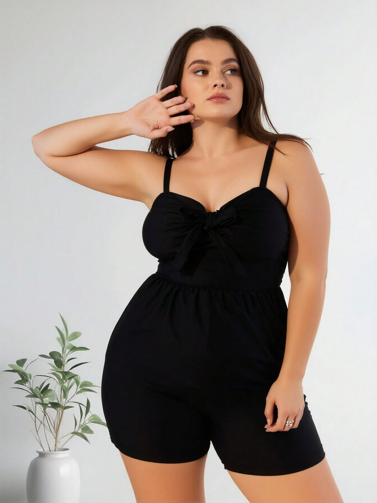 New Women's Plus Size One-Piece Swimsuit: Black Solid Color, Sweetheart Neckline with Front Bow Detail, Adjustable Spaghetti Straps, Flowy Skirted Short Silhouette