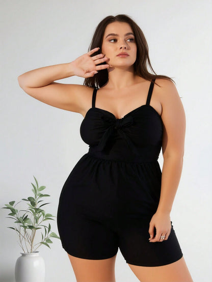 New Women's Plus Size One-Piece Swimsuit: Black Solid Color, Sweetheart Neckline with Front Bow Detail, Adjustable Spaghetti Straps, Flowy Skirted Short Silhouette