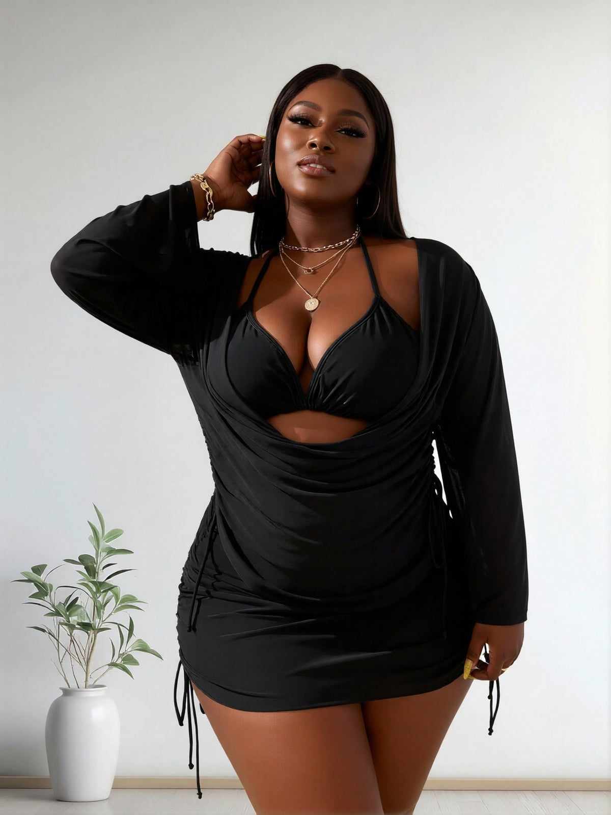 New Plus Size Women's Black Halter Two-Piece Swimsuit With Long Sleeve Drawstring Cover Up For Vacation