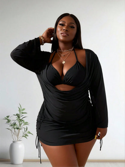 New Plus Size Women's Black Halter Two-Piece Swimsuit With Long Sleeve Drawstring Cover Up For Vacation