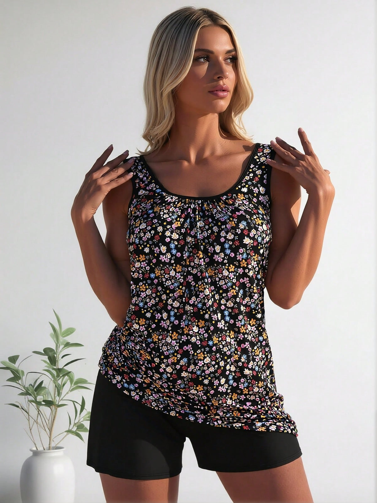 New Fashion Swimsuit Women's Black Floral Print Plus Size Tankini +  Set for Sweet Style, Fresh & Slim Fit