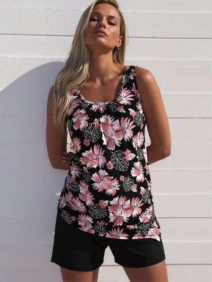 New Fashion Swimsuit Women's Black Tropical Floral Print Loose Tankini + Black  Set for Beach Vacation, Modest & Slim Fit