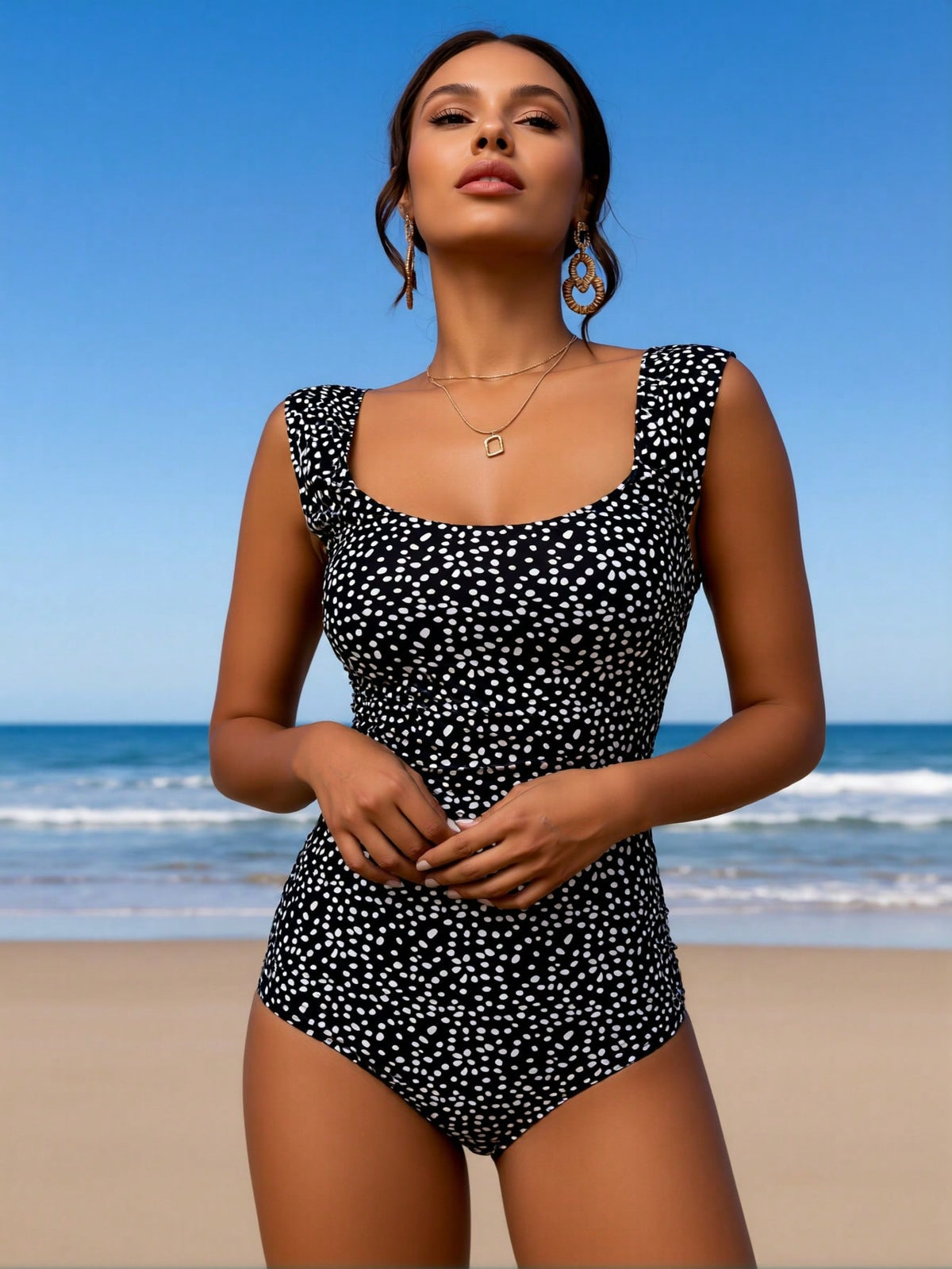 Black and White Dalmatian Print Square-Neck One-Piece Swimsuit
