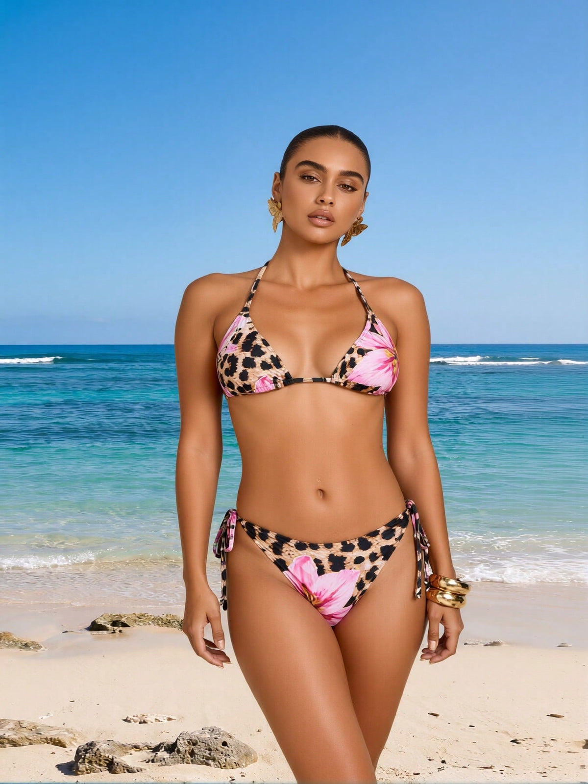 Leopard and Floral Print Triangle Bikini Set