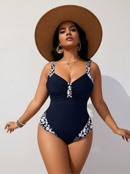 New Women's Plus Size One-Piece: Navy Blue, White Floral Trim, Ruched Front, Sweetheart Neck, Tummy Control Swimwear