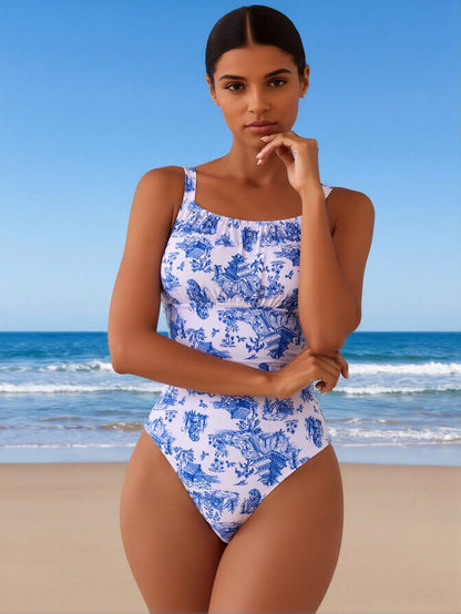 New Women's One-Piece Swimsuit: Blue Toile de Jouy Print, Square Neck, Ruched Bust, High-Cut Legs, French Retro Beach Style