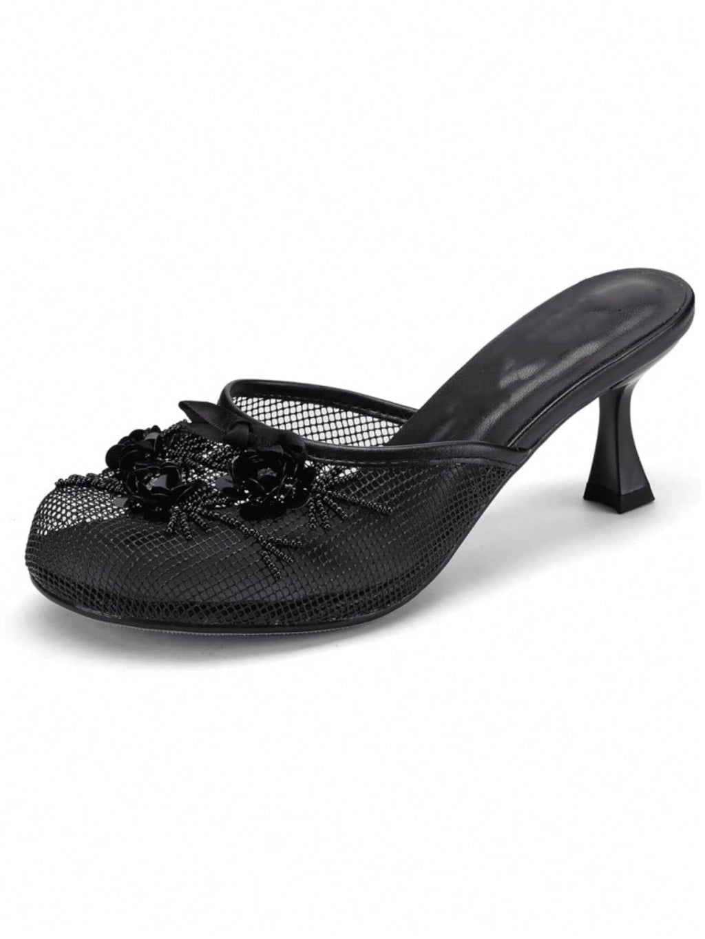 Women's Mesh Mule Slip On Sandals With Floral Sequin Embellishments Round Toe Middle Heel Slides Slippers