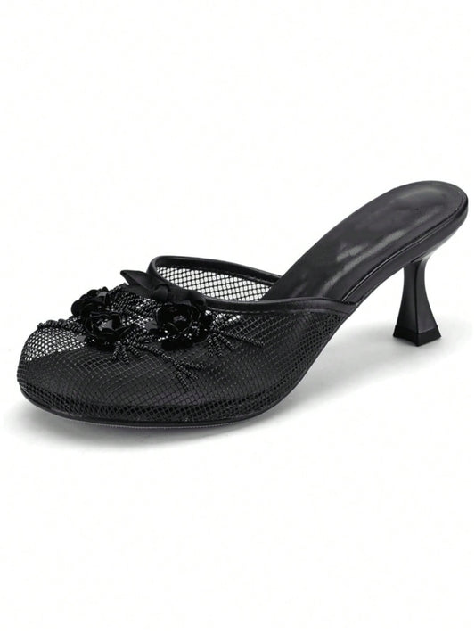 Women’s Floral Sequin Mesh Mule Sandals, Round Toe Mid‑Heel Slip‑On Slides