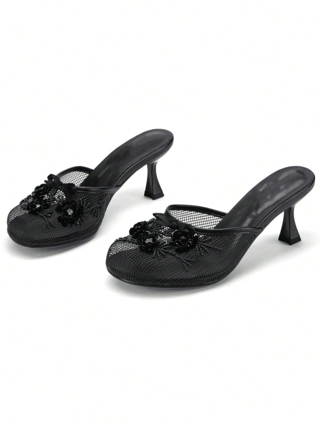 Women's Mesh Mule Slip On Sandals With Floral Sequin Embellishments Round Toe Middle Heel Slides Slippers
