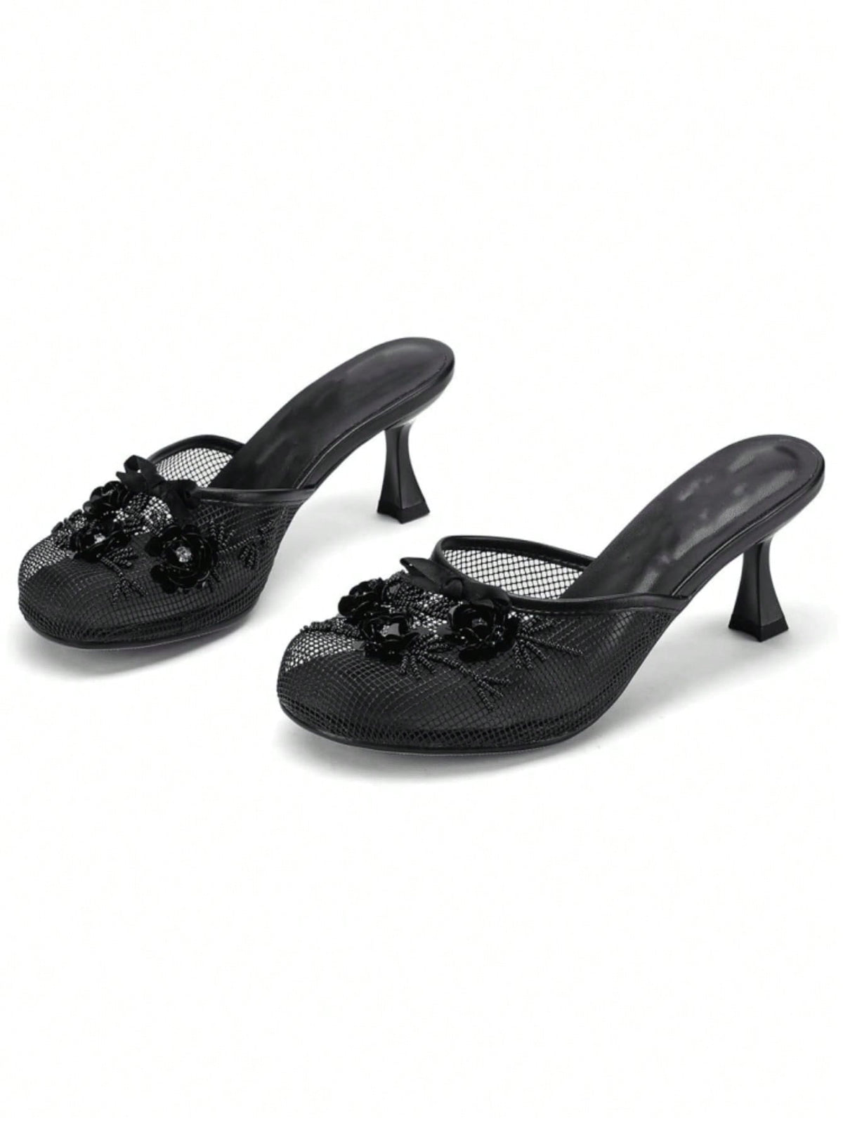Women’s Floral Sequin Mesh Mule Sandals, Round Toe Mid‑Heel Slip‑On Slides