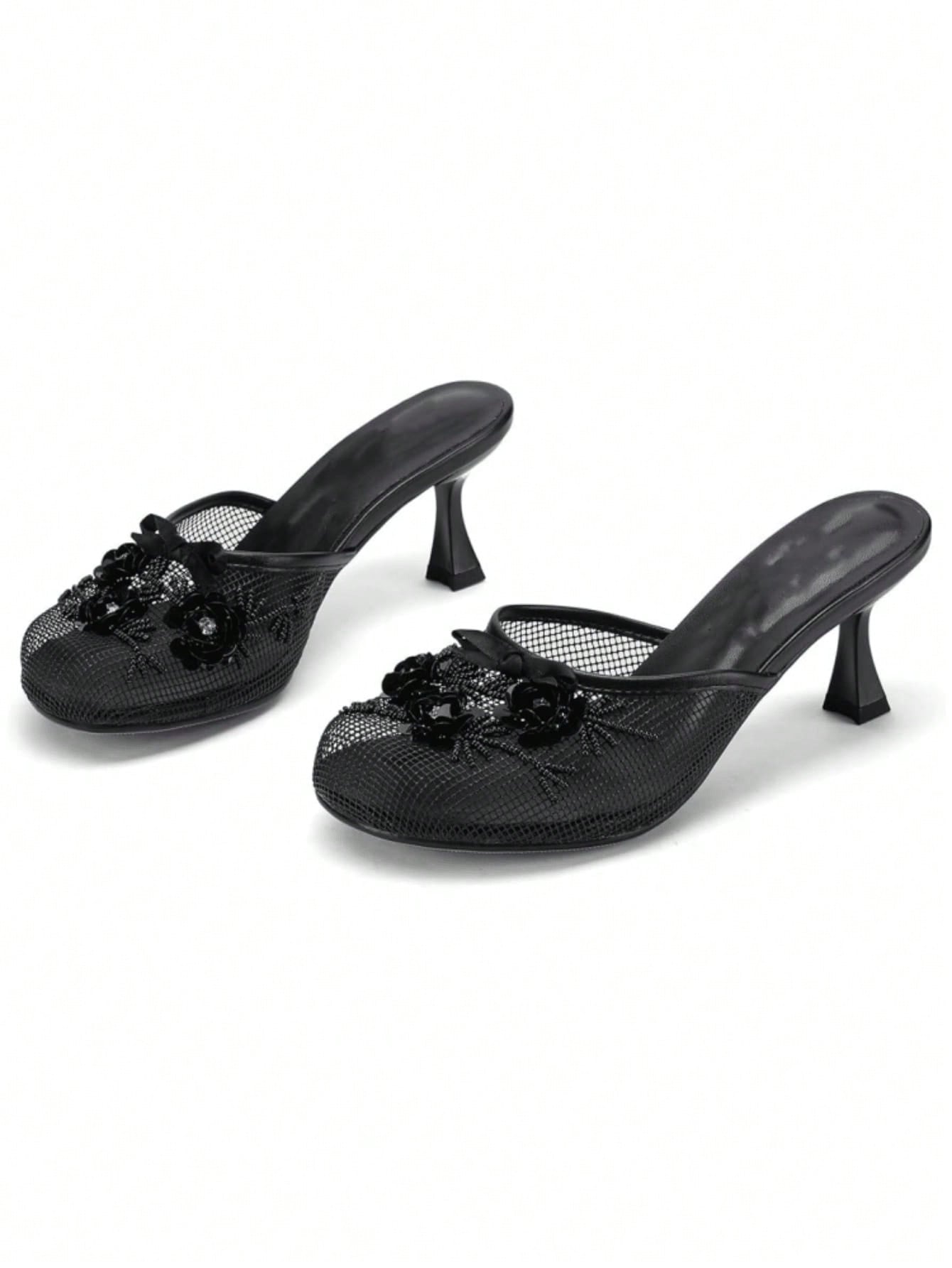 Women's Mesh Mule Slip On Sandals With Floral Sequin Embellishments Round Toe Middle Heel Slides Slippers