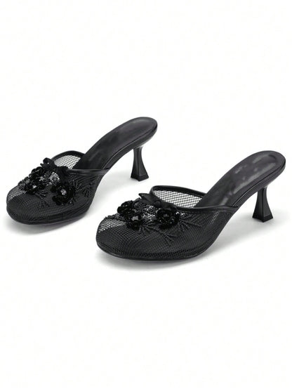 Women’s Floral Sequin Mesh Mule Sandals, Round Toe Mid‑Heel Slip‑On Slides