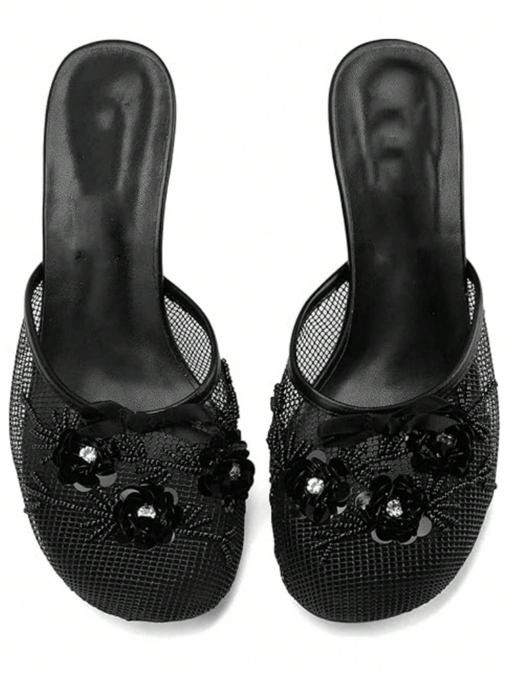 Women's Mesh Mule Slip On Sandals With Floral Sequin Embellishments Round Toe Middle Heel Slides Slippers