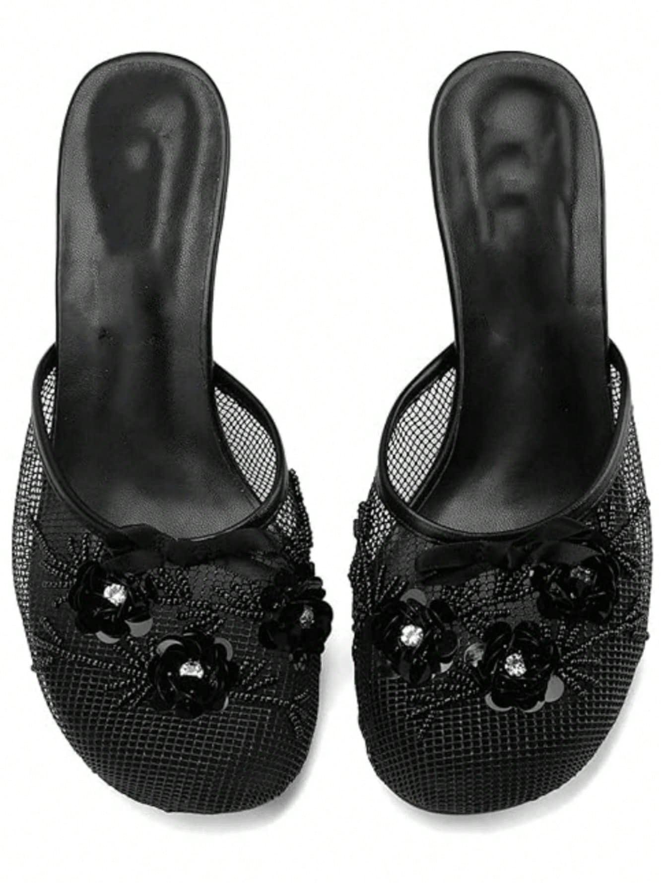 Women's Mesh Mule Slip On Sandals With Floral Sequin Embellishments Round Toe Middle Heel Slides Slippers