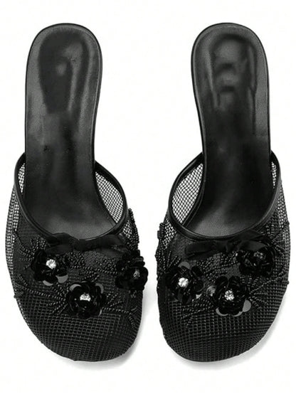 Women’s Floral Sequin Mesh Mule Sandals, Round Toe Mid‑Heel Slip‑On Slides