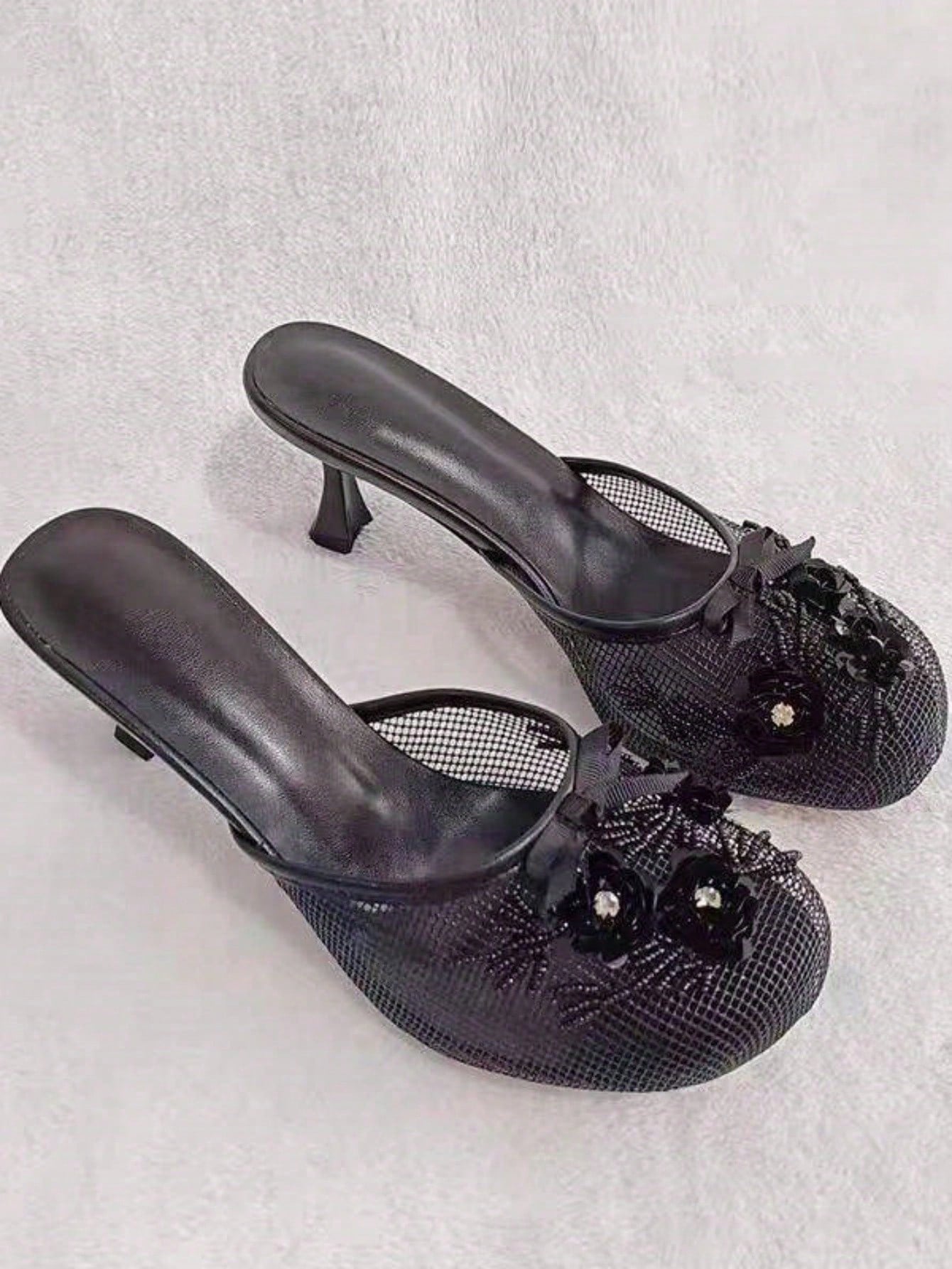 Women's Mesh Mule Slip On Sandals With Floral Sequin Embellishments Round Toe Middle Heel Slides Slippers