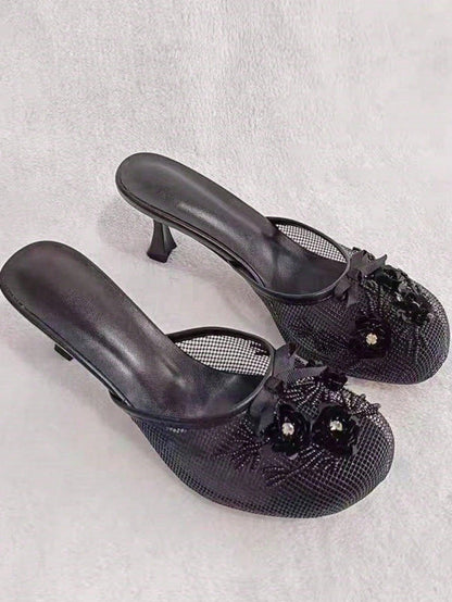 Women’s Floral Sequin Mesh Mule Sandals, Round Toe Mid‑Heel Slip‑On Slides