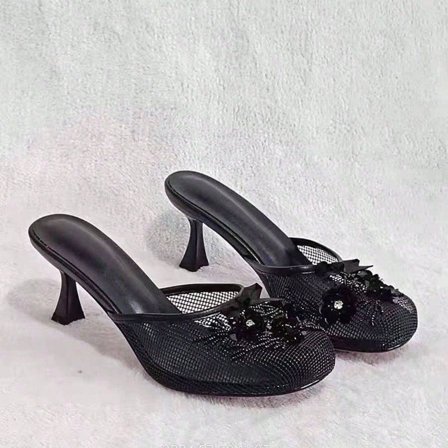Women's Mesh Mule Slip On Sandals With Floral Sequin Embellishments Round Toe Middle Heel Slides Slippers