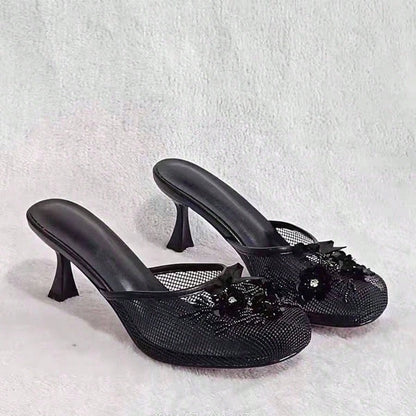 Women’s Floral Sequin Mesh Mule Sandals, Round Toe Mid‑Heel Slip‑On Slides