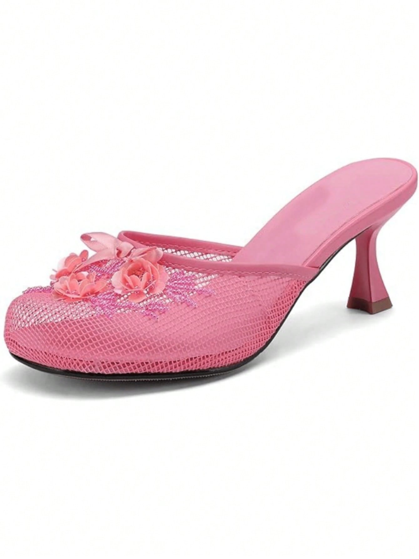 Women's Mesh Mule Slip On Sandals With Floral Sequin Embellishments Round Toe Middle Heel Slides Slippers