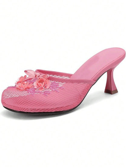 Women’s Floral Sequin Mesh Mule Sandals, Round Toe Mid‑Heel Slip‑On Slides