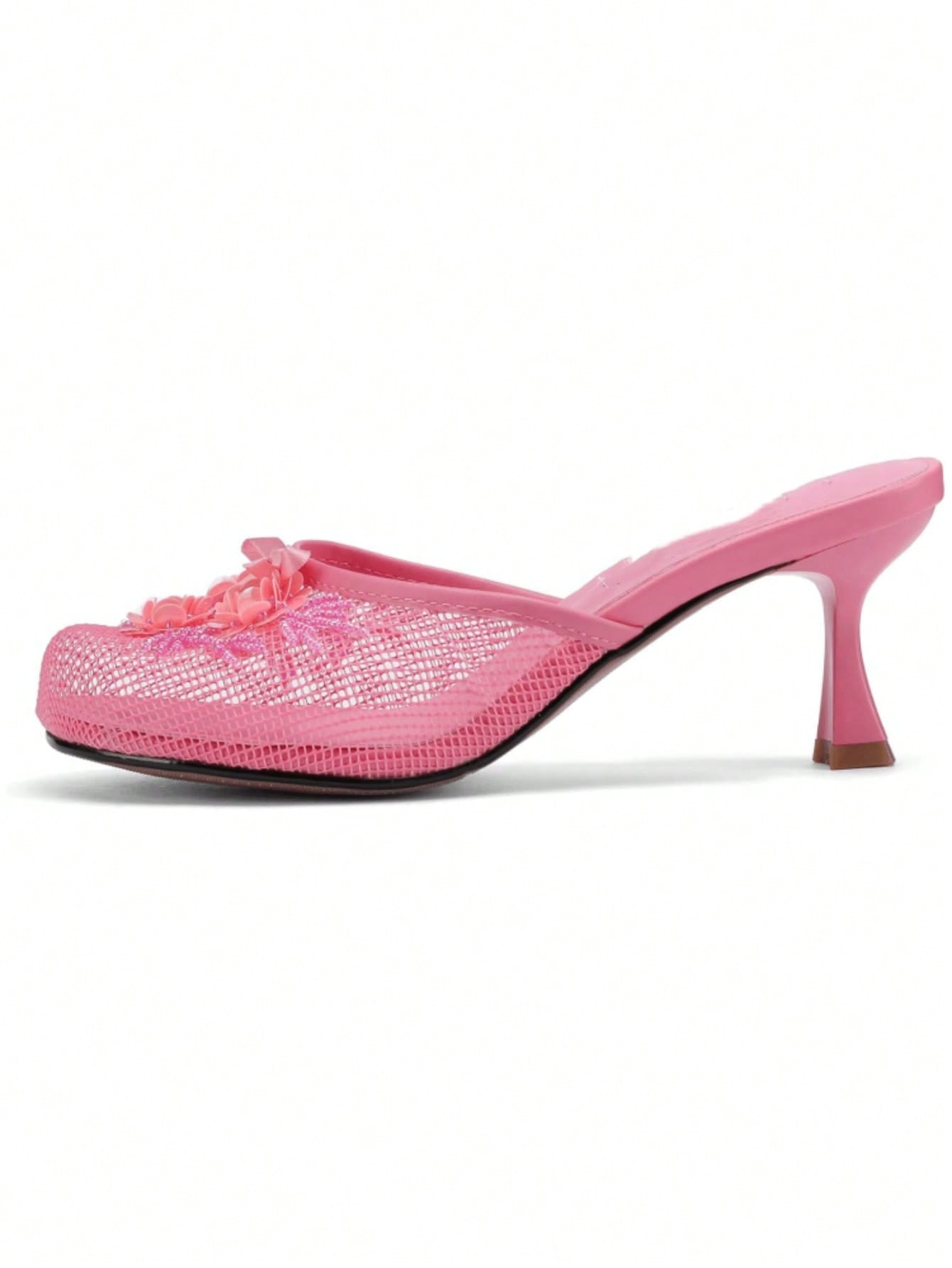 Women's Mesh Mule Slip On Sandals With Floral Sequin Embellishments Round Toe Middle Heel Slides Slippers